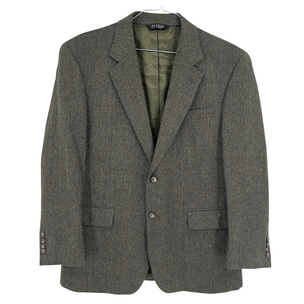 Jos. A. Bank Mens 42S Blazer Olive Green Herringbone 100% Wool Sport Coat